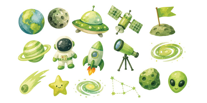 Watercolor green outer space set with cute astronaut alien and rocket