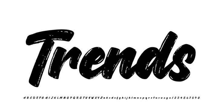 Trends font, A aggressive metal display font with chaotic forms, perfect for band logos, album covers, and dark music, clothing. vector illustration	