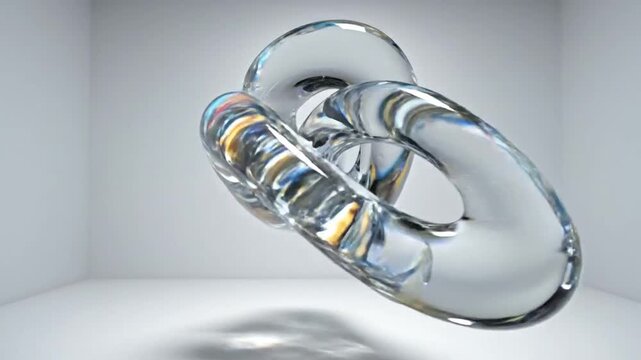Abstract 3D render of a clear glass knot sculpture with iridescent reflections and refractions against a minimalist white studio background