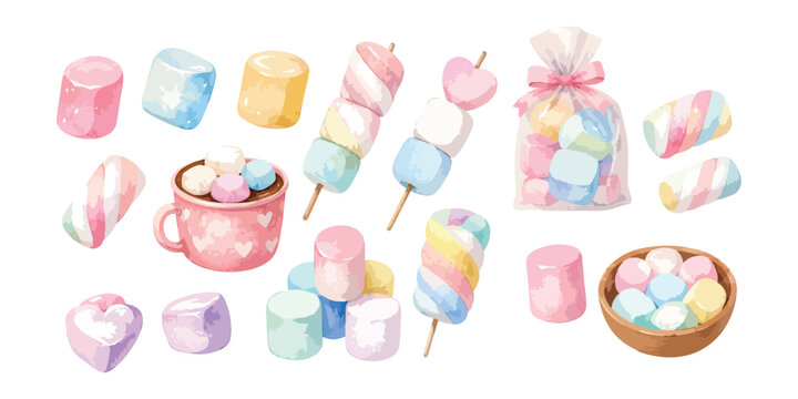 Watercolor colorful marshmallow candies collection with sweet cocoa mug