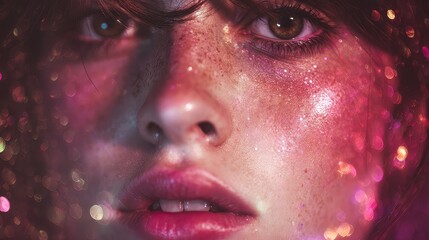 Naklejka premium Close-Up of Glamorous Face with Sparkling Glitter and Freckles