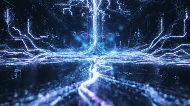 Abstract digital tree glowing with neural network connections on black