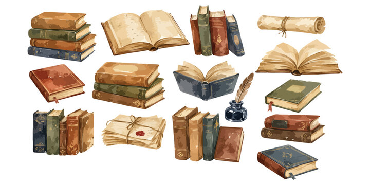 Watercolor vintage old books stack and antique scroll collection