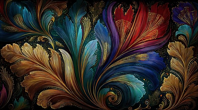 Vibrant tropical bird feathers with turquoise blue red and gold patterns on dark background
