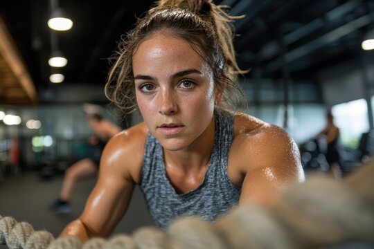 Female athlete intense workout gym exercise rope training sweat fit woman strength training indoor gym close up focused face