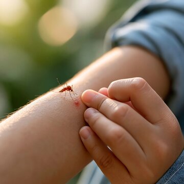 Close up of mosquito biting a child's arm with small red skin reaction. Mosquito season, insect bite prevention, allergy awareness and family healthcare concept