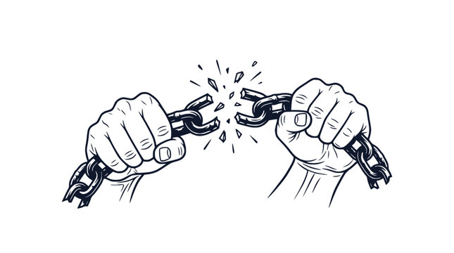 Powerful hands breaking metal chains as a symbol of freedom and liberation