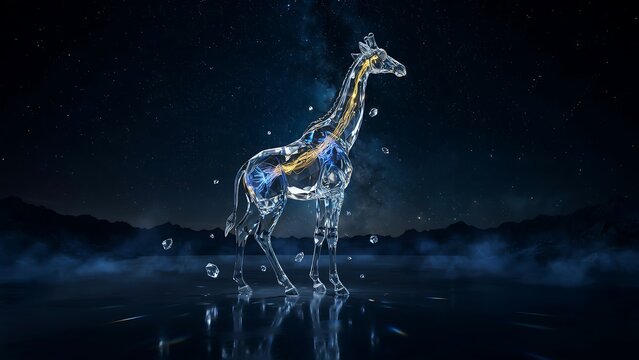 A majestic crystalline giraffe standing under a starry night sky