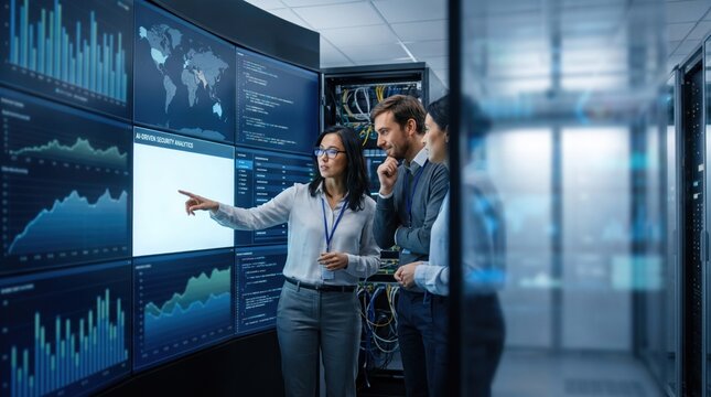 Female data analyst directs a team of professionals reviewing complex financial metrics on a large interactive digital display within a secure server room environment.