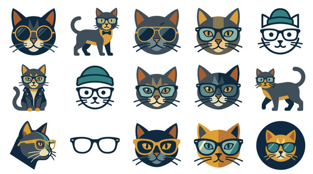 Set of cool hipster cats wearing stylish glasses and accessories, modern vector illustration collection