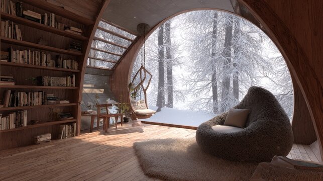 Treehouse reading nook. Plush chair. Book shelf. Snowing outside. Futurist minimalist
