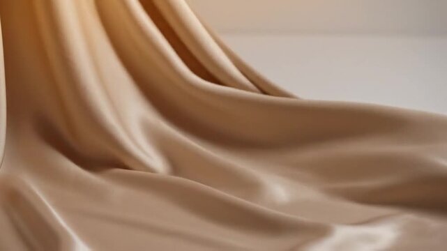 Smooth, flowing folds of champagne-colored satin fabric cascading gently, creating soft curves and drapery with subtle highlights and shadows, conveying a sense of softness and sophistication
