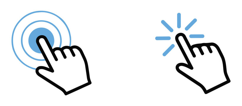Collection of simple flat design graphic icons depicting a hand cursor clicking with visual effects indicating selection or activation