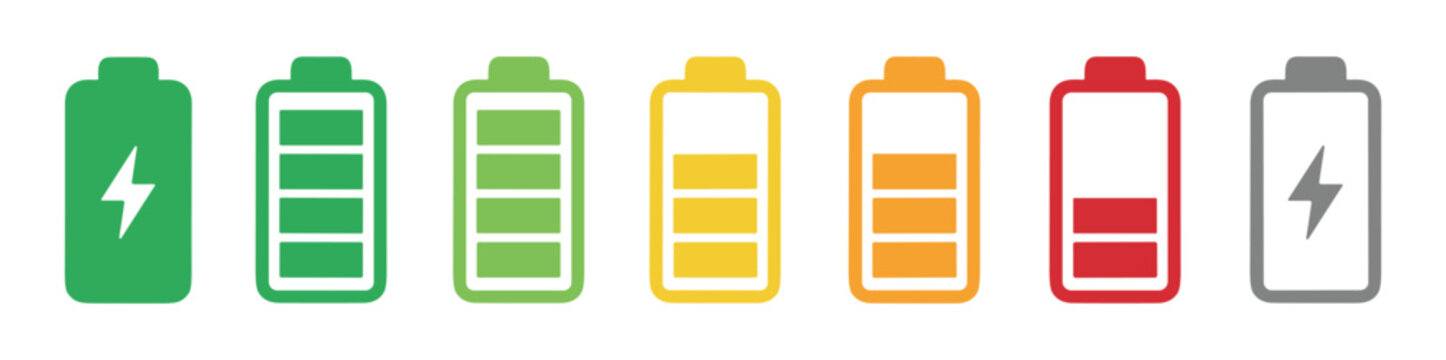 Set of seven colorful battery charge level indicators showing full to empty power status with lightning bolt icons
