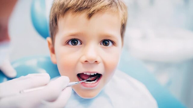 A young boy being attended to by a dentist during his dental visit. The child has an open mouth and is looking at the camera.