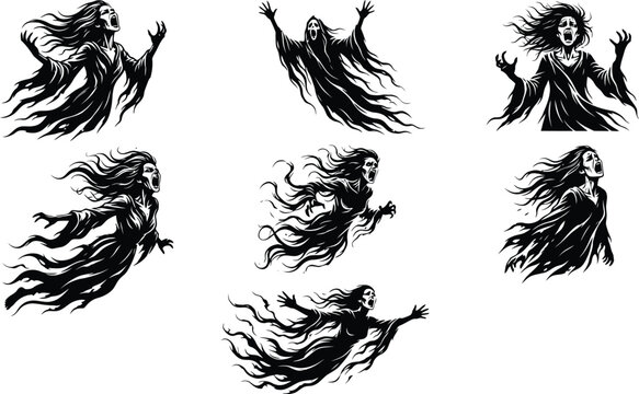 Eerie banshee shapes screaming silhouettes vector collection of spooky flying female ghosts for halloween design