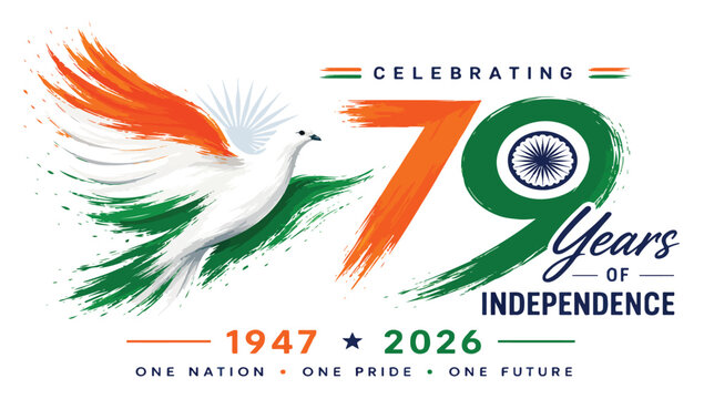Indian Independence Day 79th Anniversary Vector, Celebrating 79 Years of Independence 1947 to 2026, Tricolor Dove and Ashoka Chakra Graphic