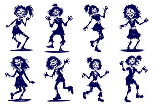 Female Zombie Silhouette Collection with dancing Horror Undead Characters Blue Vector Illustration Set for Halloween Designs
