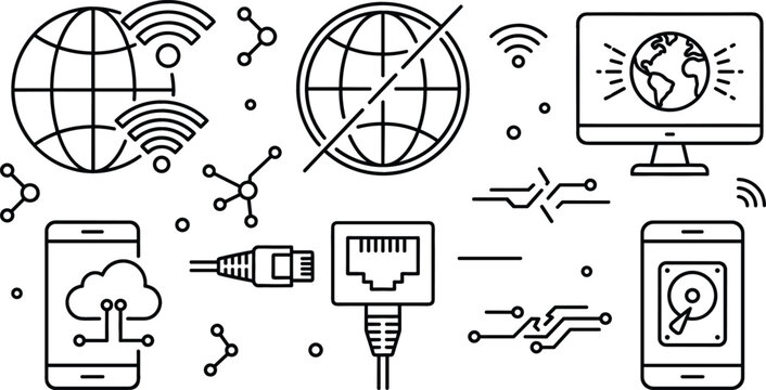 Global network connection and internet communication line icon set featuring wifi globe ethernet cable smartphone and data