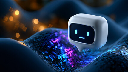 A clean chatbot icon on a bright futuristic blue wavy background 3D illustration with vibrant pixelated technology chatbot icon futuristic blue wavy 3d render artificial