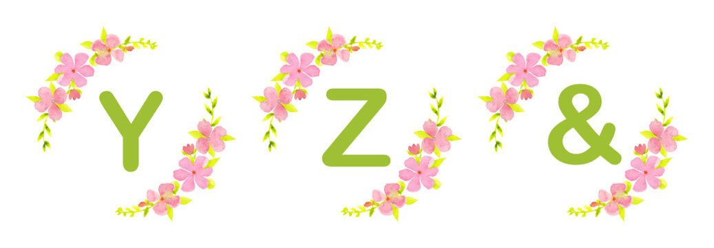 Watercolor floral alphabet letters Y and Z with decorative ampersand symbol. Hand painted botanical uppercase initials with pink flowers and green leaves isolated on white background for monograms, we