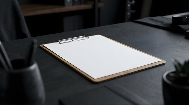 Blank Clipboard on a Textured Dark Desk with Office Supplies and a Small Plant Creating a Professional Workspace Atmosphere