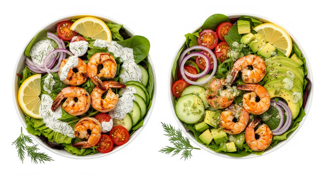 Two shrimp salad bowls isolated on transparent background