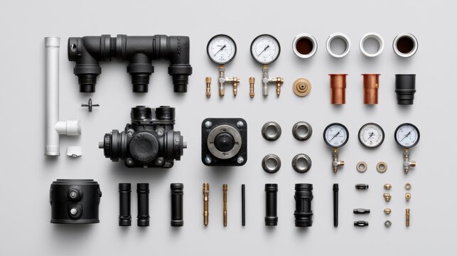 Cooling system parts such as pipes, valves, pumps, gauges, and fittings are neatly organized on a light grey background.