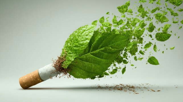 Clean white background with broken cigarette transforming into green leaves, conceptual World No Tobacco Day awareness poster, ultra-detailed, realistic textures, 