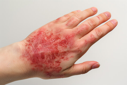 Medical macro shot of a person showing a severe red skin rash inflammation dermatitis eczema or psoriasis on the back of the hand over a neutral light background