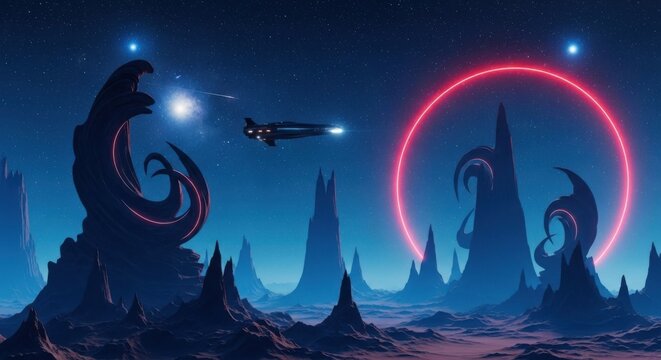 space landscape with spaceship and neon lights