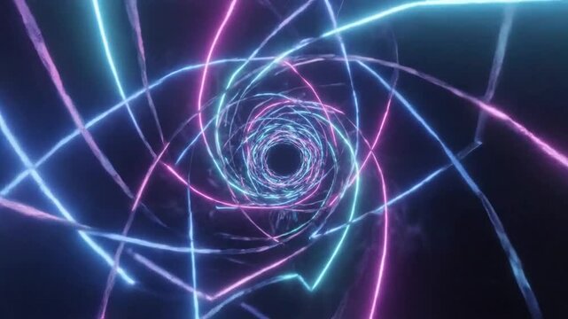 Swirling abstract tunnel of glowing pink and blue curved lines, creating a vortex effect with a dark central opening and a sense of infinite depth