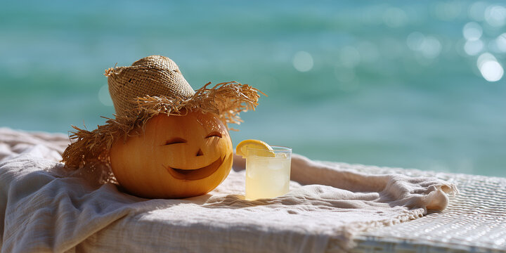 Cute pumpkin face with sunglasses and hat on the beach. Concept: end of summer, close of summer season, change of season, beginning of fall, early fall.