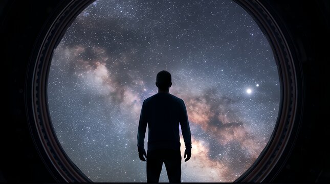 Stellar Voyage: Silhouetted Observer Gazing Through Cosmic Portal