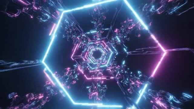 Futuristic neon hexagonal tunnel with glowing pink and blue geometric structures and a dark void at the center, abstract digital