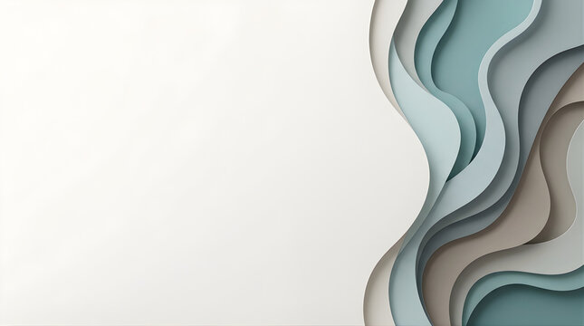 Abstract flowing layered paper cut waves in neutral earth tones of beige blue and gray creating a modern and elegant background design
