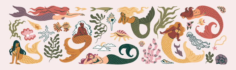 Set of mermaids swimming in sea. Fantasy characters of the ocean and fish, clam with pearl, seaweeds and jellyfish. Magic women in water, sirens. Flat isolated vector illustrations on white background © Paper Trident