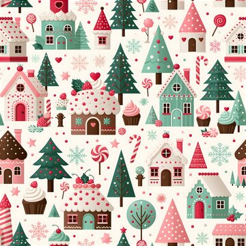 Gingerbread house and sweet treats christmas seamless pattern with gingerbread man gingerbread christmas illustration background snowflake lollipop wrapping wallpaper delicious seasonal