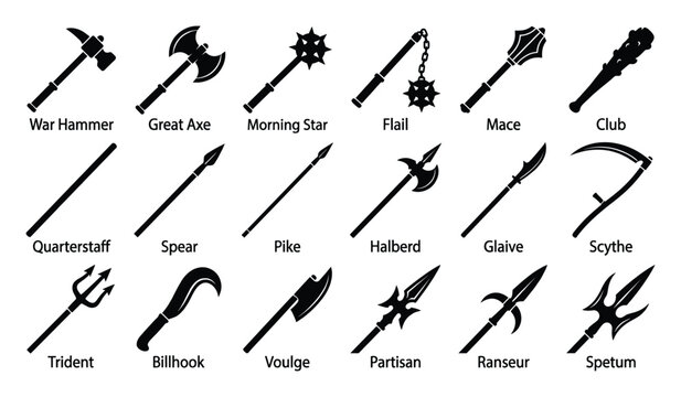 Set of various ancient and medieval combat weapons including axes, hammers, maces, and spears for historical battle graphics and educational materials.
