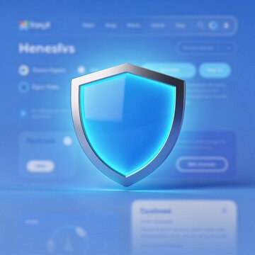 Glowing blue shield on website background, cybersecurity concept