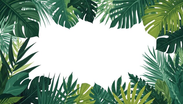 Tropical Botanical Frame with Lush Green Leaves and White Floral Center in Vibrant Illustration Style