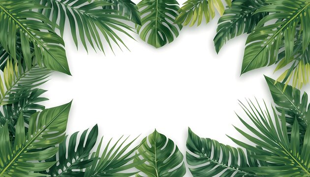Tropical Botanical Frame with Lush Green Palm Leaves and Monstera Foliage Close Up