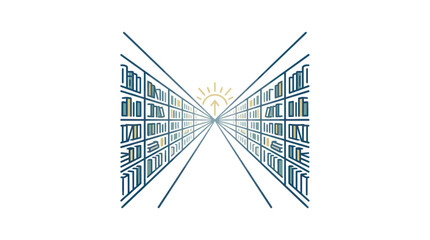 Endless Library Bookshelves with Sunrise Symbolizing Knowledge and Growth © Nur