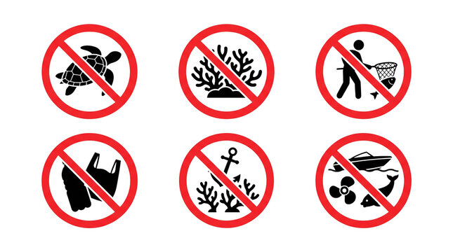 Various prohibited marine activity signs featuring black icons within red circular borders with diagonal strike through lines representing environmental protection rules for ocean safety displayed cle