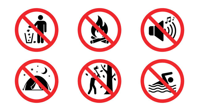 Six essential circular prohibition safety signs featuring black icons for no littering no fire no noise no camping no cutting trees and no swimming displayed as vector graphics on transparent backgrou
