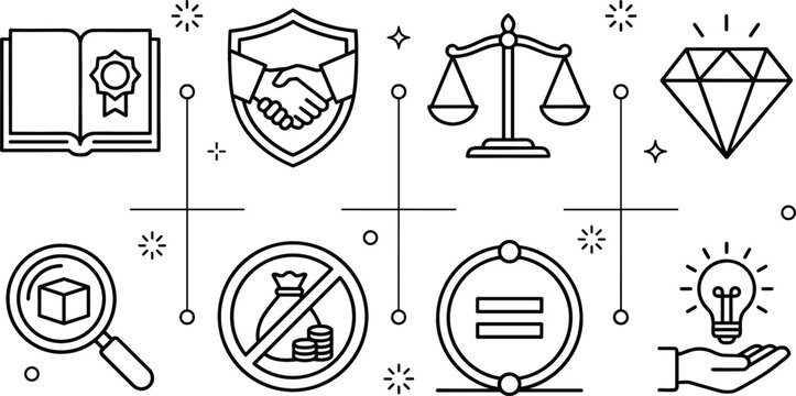 Business ethics and corporate compliance thin line icon set featuring justice scales handshake shield value and equality