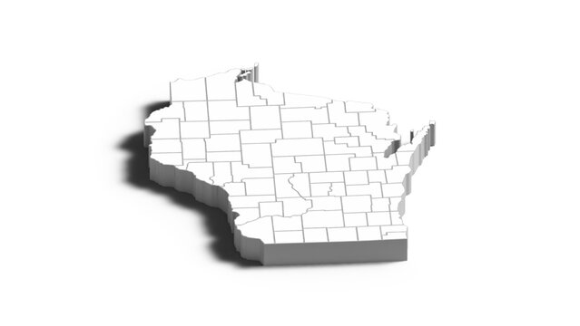 Wisconsin 3D Map with Counties Boundaries, Minimal USA State Administrative District Isometric Vector Illustration