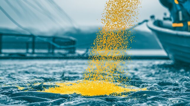 Fish feed being poured into a salmon farm net pen from a boat. Represents industrial aquaculture and sustainable.