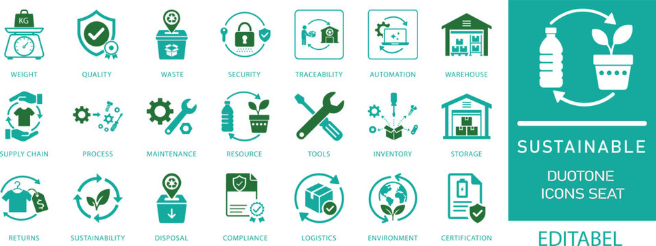 Sustainable Supply Chain and Circular Economy Icon Set,with Recycling, Compliance, Warehouse, Logistics, Quality and Eco Management