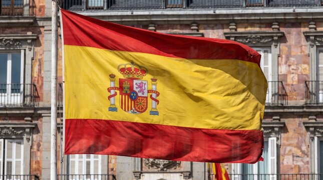 Waving Spain Flag Against Historic Building Facade in Sunny Daylight